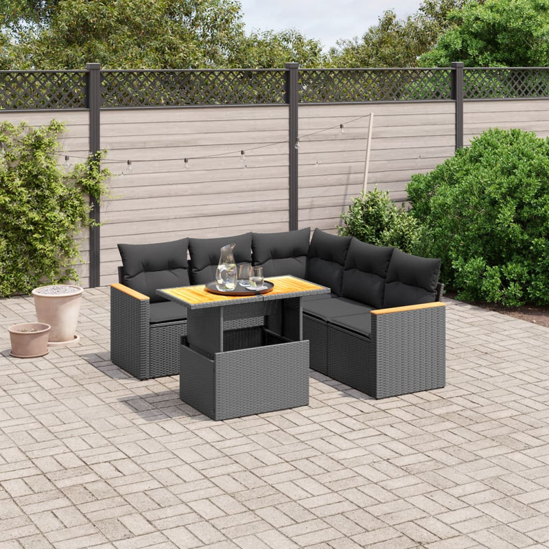 6-delige Loungeset met kussens poly rattan zwart