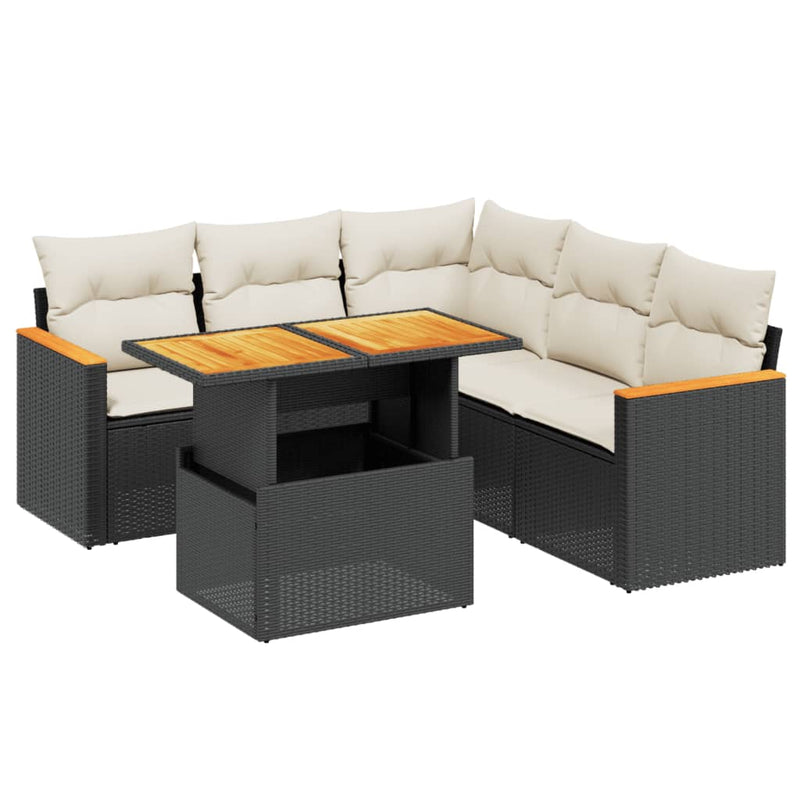 6-delige Loungeset met kussens poly rattan zwart
