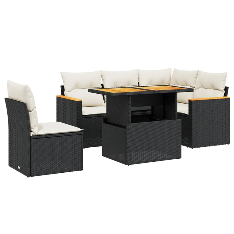 6-delige Loungeset met kussens poly rattan zwart
