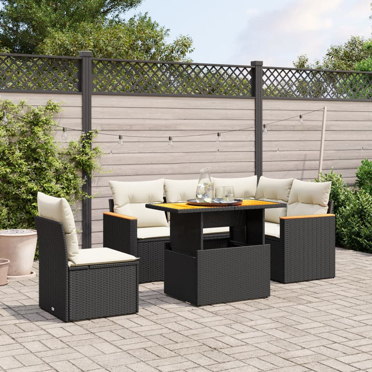 6-delige Loungeset met kussens poly rattan zwart