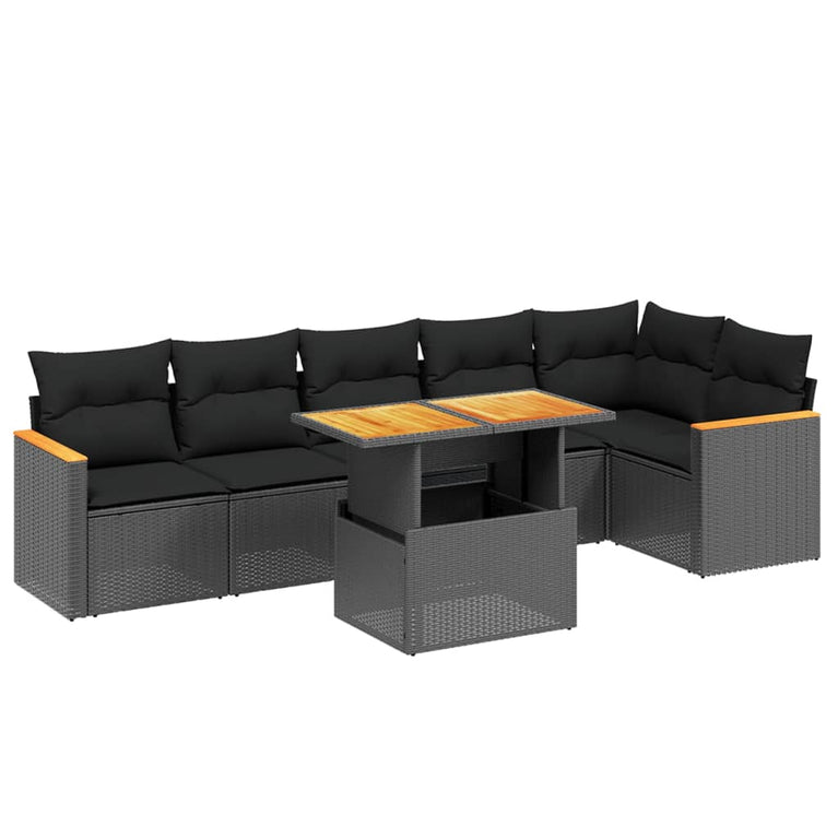 7-delige Loungeset met kussens poly rattan zwart