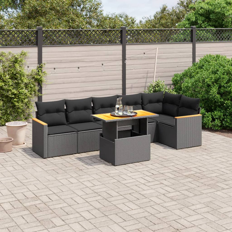 7-delige Loungeset met kussens poly rattan zwart