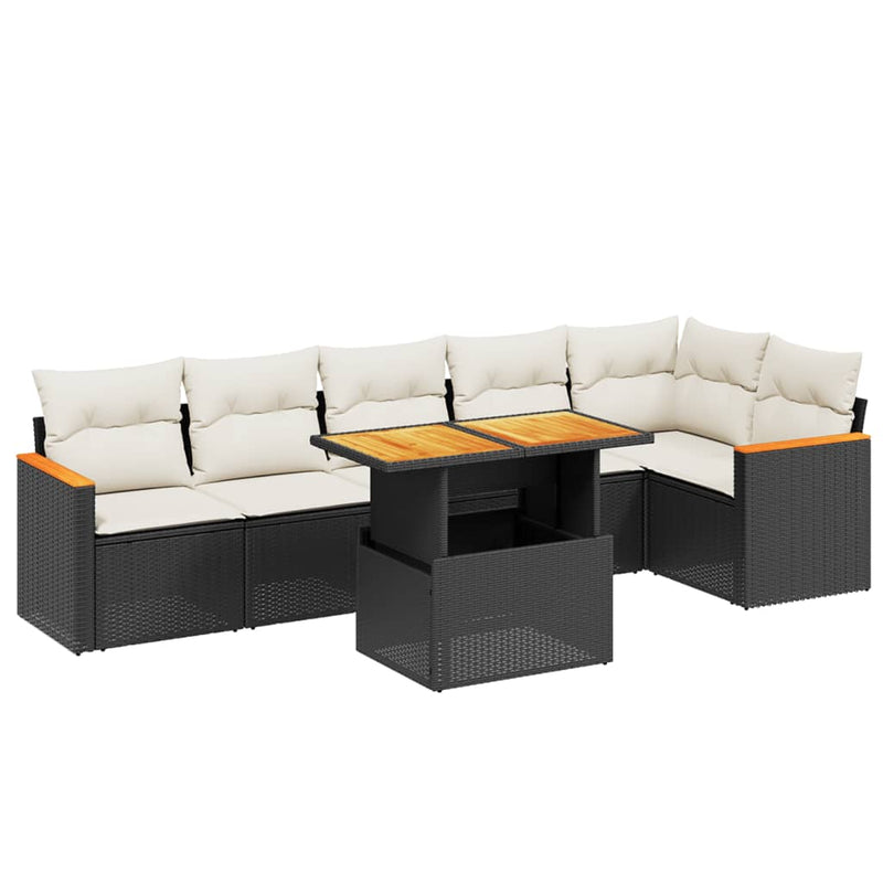 7-delige Loungeset met kussens poly rattan zwart