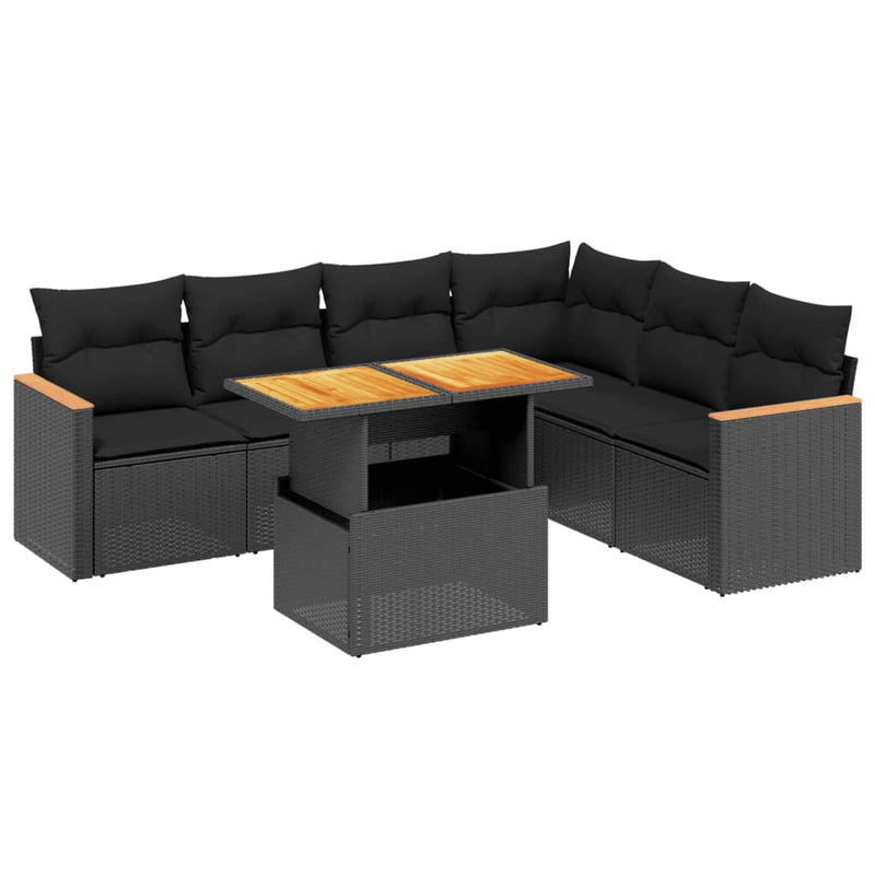 7-delige Loungeset met kussens poly rattan zwart