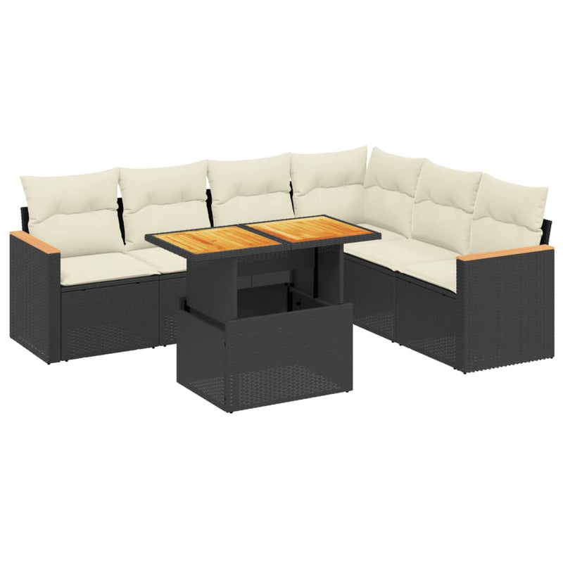 7-delige Loungeset met kussens poly rattan zwart