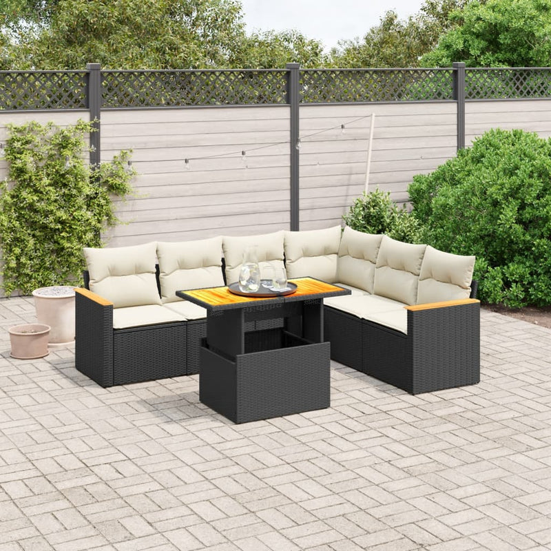 7-delige Loungeset met kussens poly rattan zwart