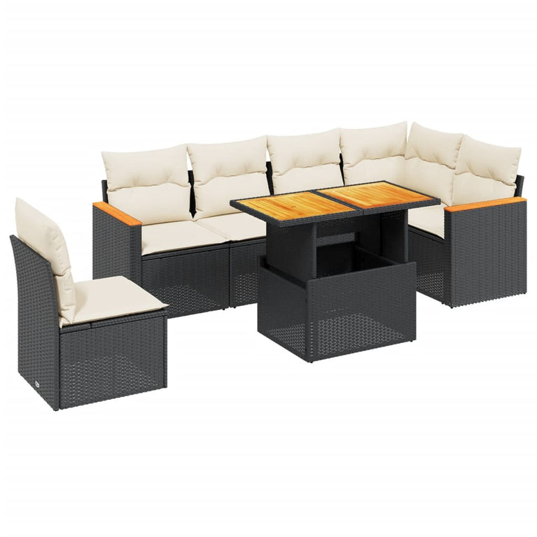 7-delige Loungeset met kussens poly rattan zwart