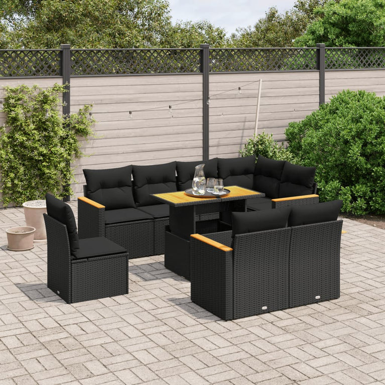 9-delige Loungeset met kussens poly rattan zwart