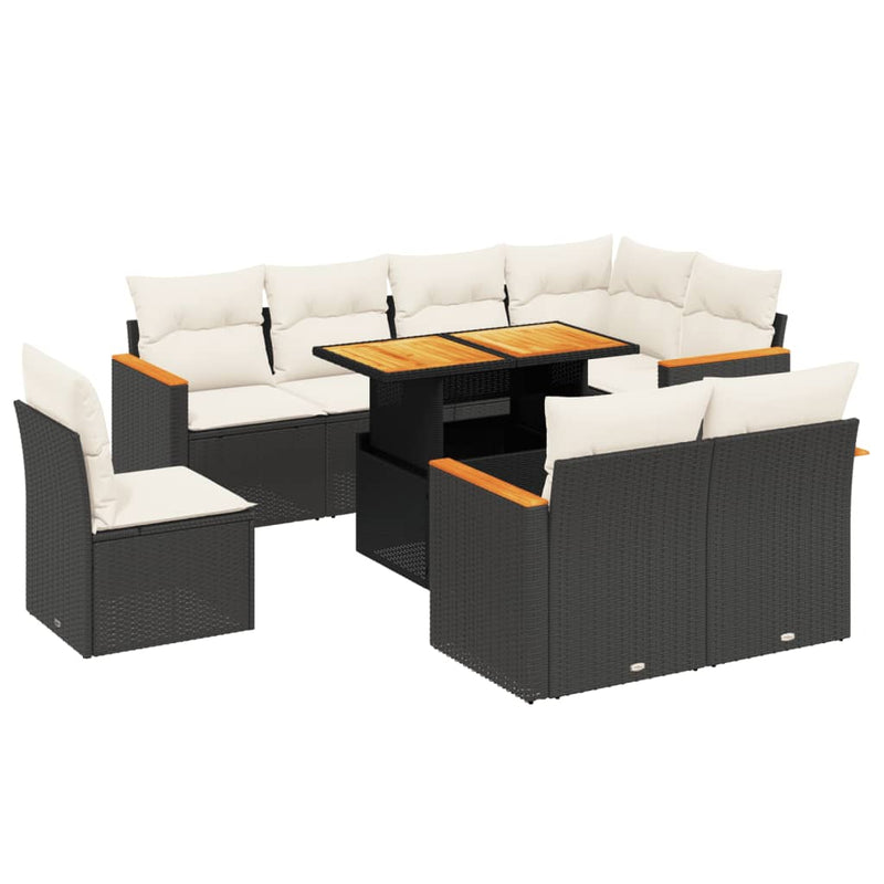 9-delige Loungeset met kussens poly rattan zwart