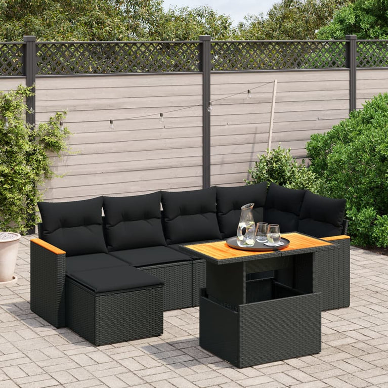 7-delige Loungeset met kussens poly rattan zwart