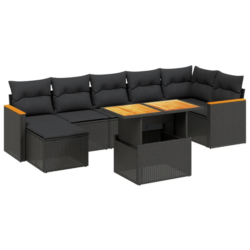 8-delige Loungeset met kussens poly rattan zwart