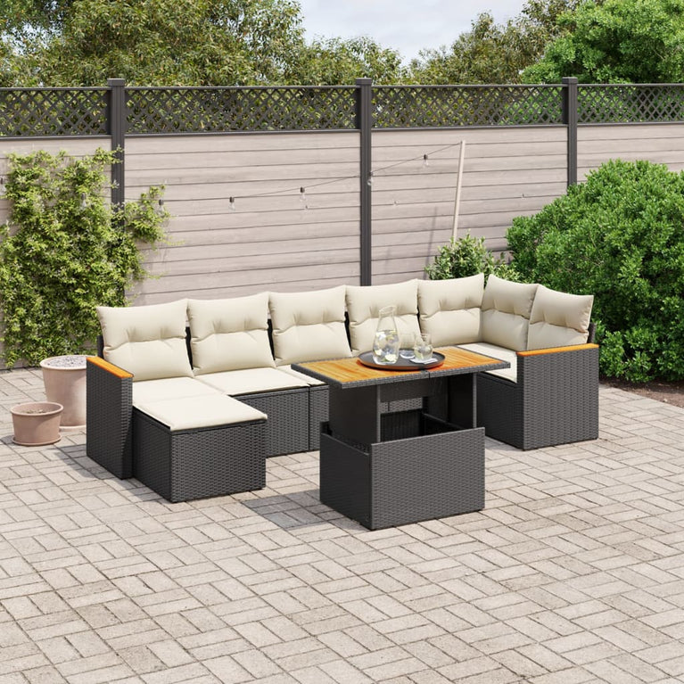8-delige Loungeset met kussens poly rattan zwart