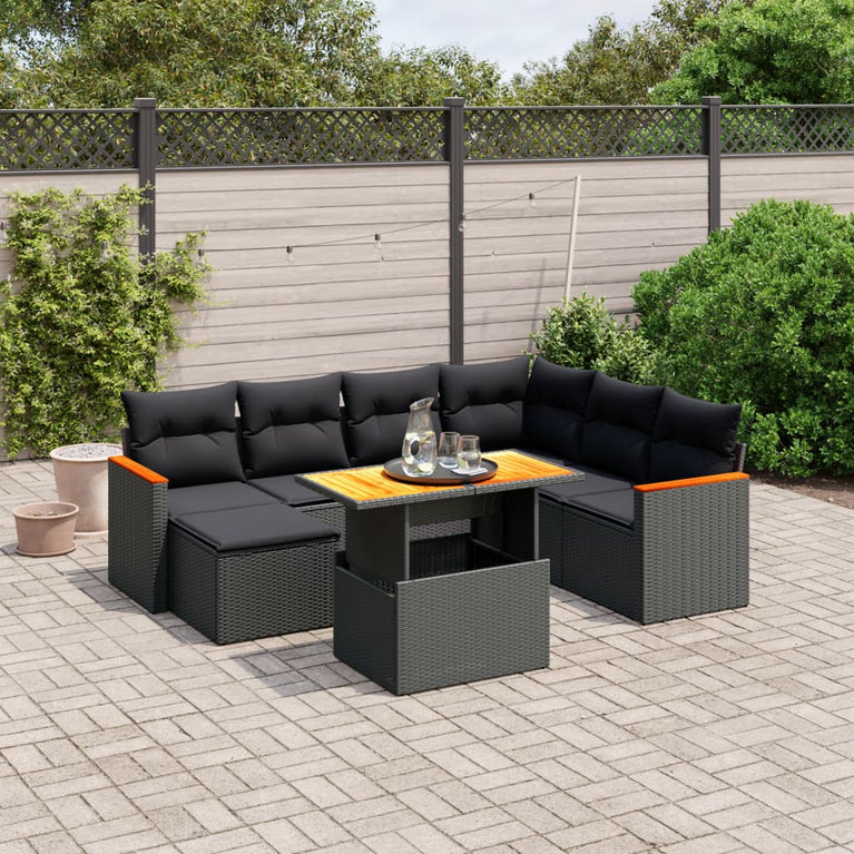 8-delige Loungeset met kussens poly rattan zwart