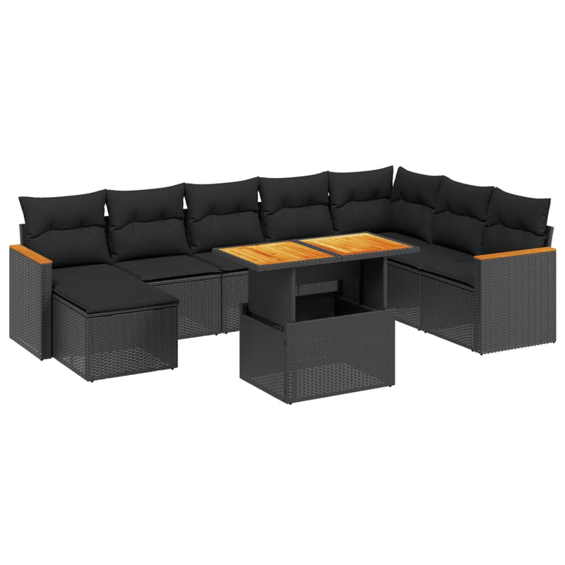 9-delige Loungeset met kussens poly rattan zwart