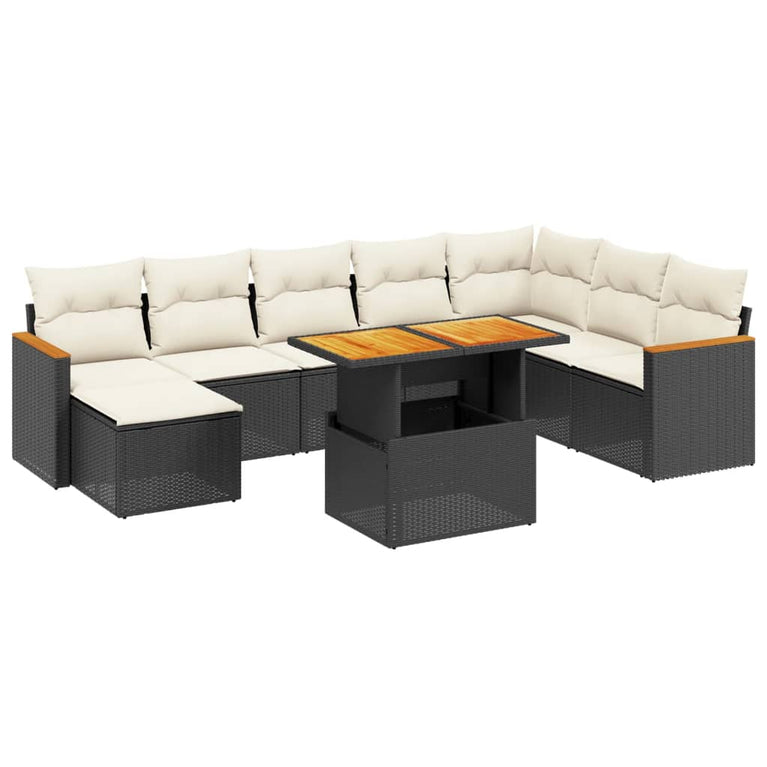 9-delige Loungeset met kussens poly rattan zwart