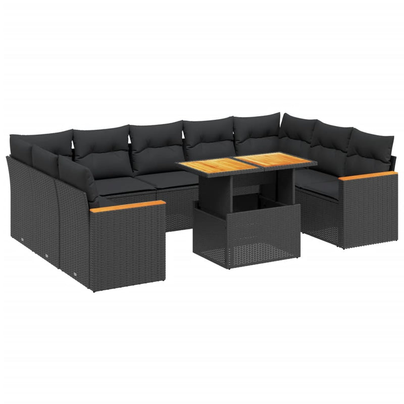 11-delige Loungeset met kussens poly rattan zwart
