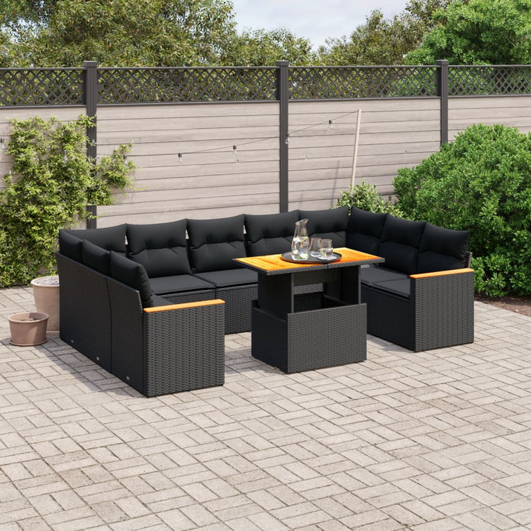 11-delige Loungeset met kussens poly rattan zwart