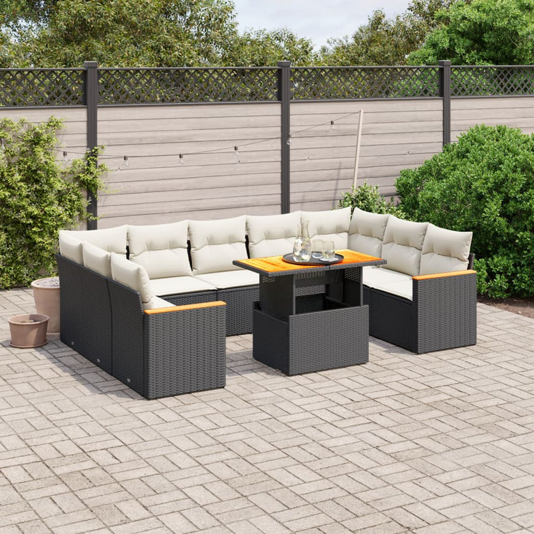11-delige Loungeset met kussens poly rattan zwart