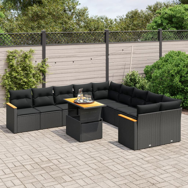 11-delige Loungeset met kussens poly rattan zwart