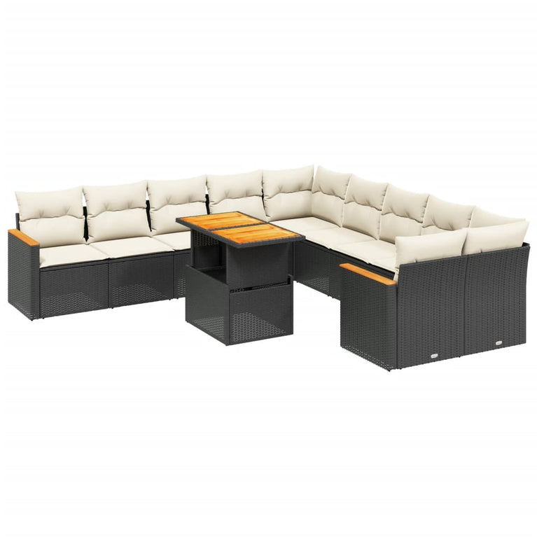 11-delige Loungeset met kussens poly rattan zwart