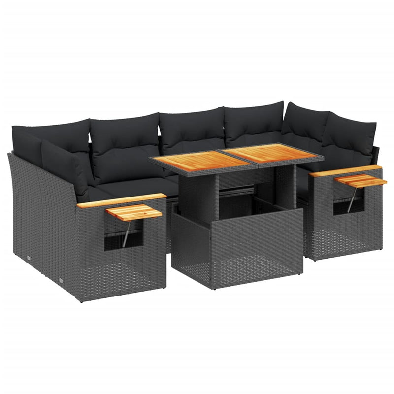 7-delige Loungeset met kussens poly rattan zwart