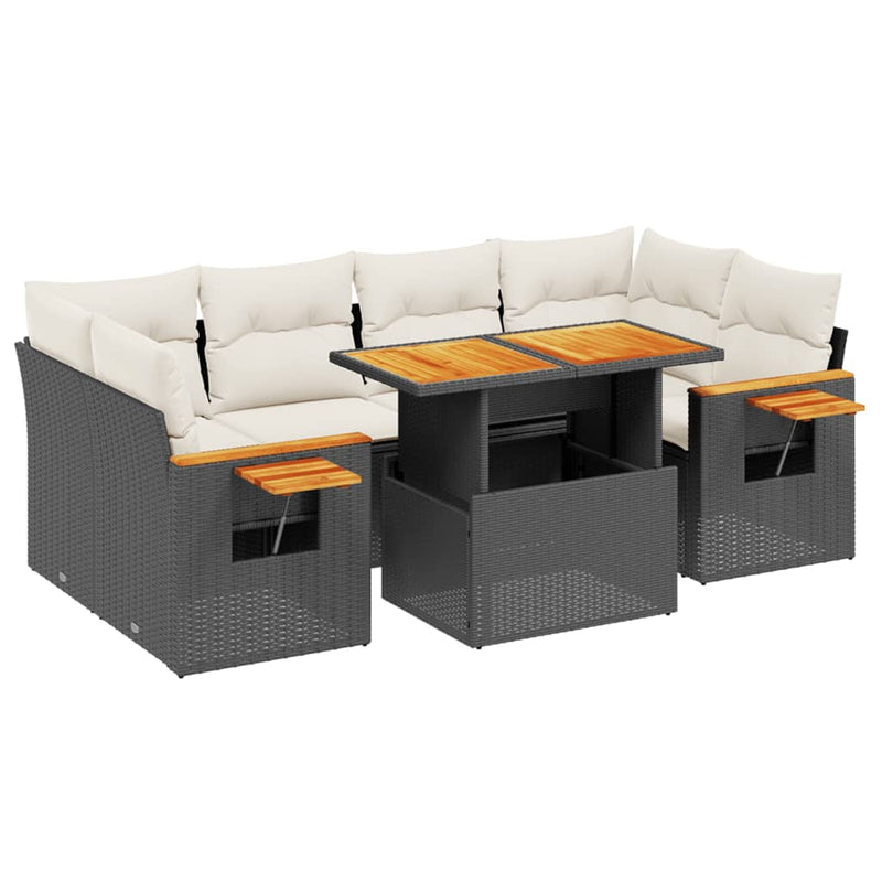 7-delige Loungeset met kussens poly rattan zwart
