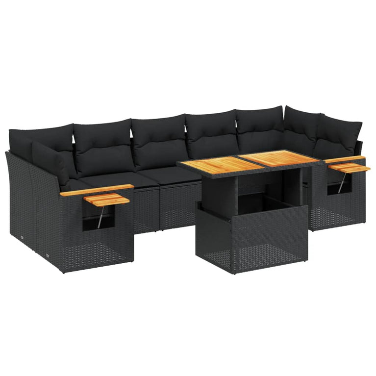 8-delige Loungeset met kussens poly rattan zwart