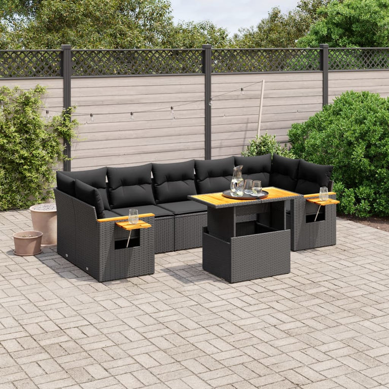 8-delige Loungeset met kussens poly rattan zwart