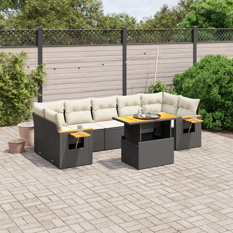 8-delige Loungeset met kussens poly rattan zwart
