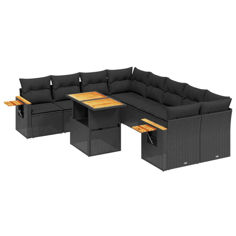 9-delige Loungeset met kussens poly rattan zwart