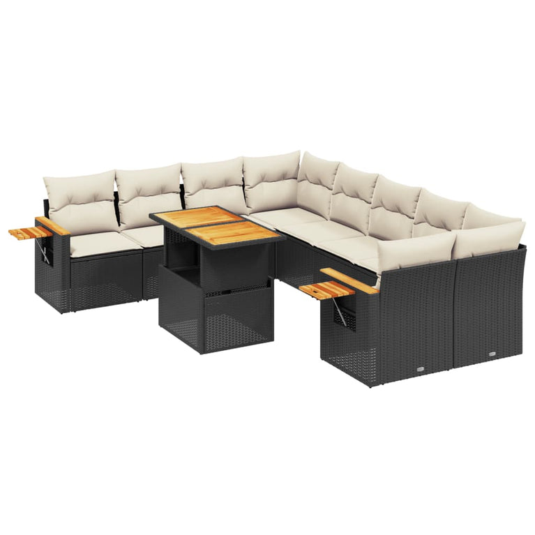 9-delige Loungeset met kussens poly rattan zwart
