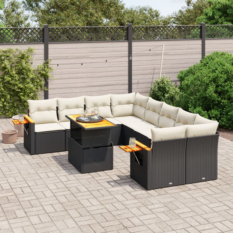 9-delige Loungeset met kussens poly rattan zwart