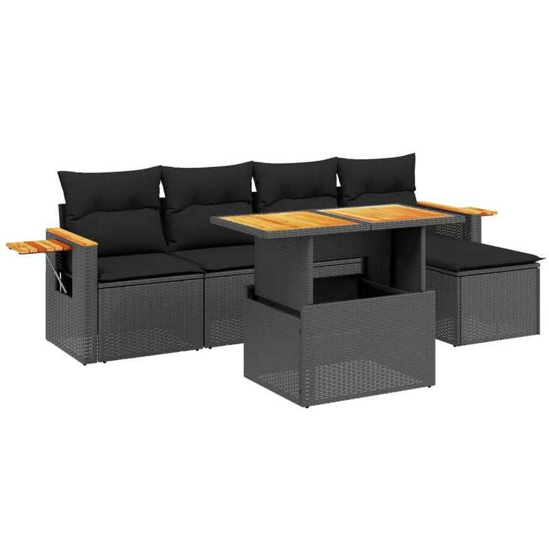 6-delige Loungeset met kussens poly rattan zwart