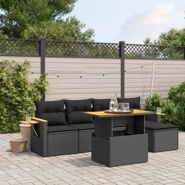 6-delige Loungeset met kussens poly rattan zwart