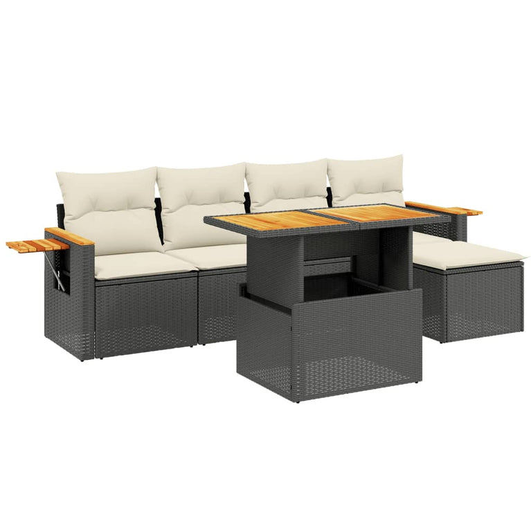 6-delige Loungeset met kussens poly rattan zwart