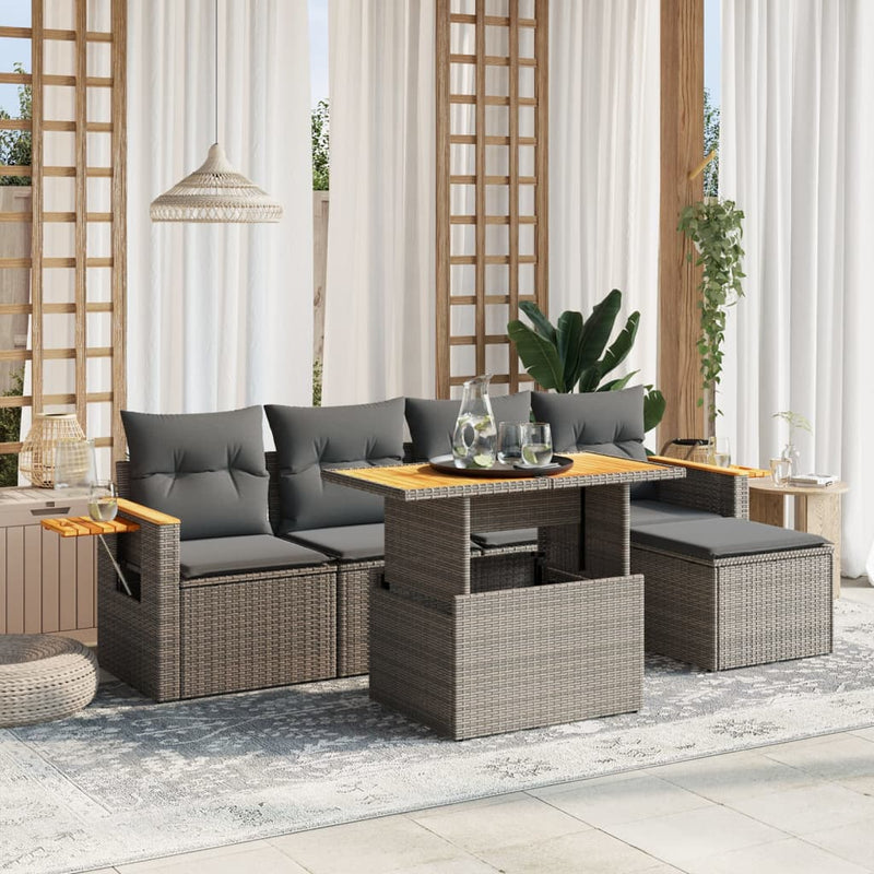 6-delige Loungeset met kussens poly rattan grijs