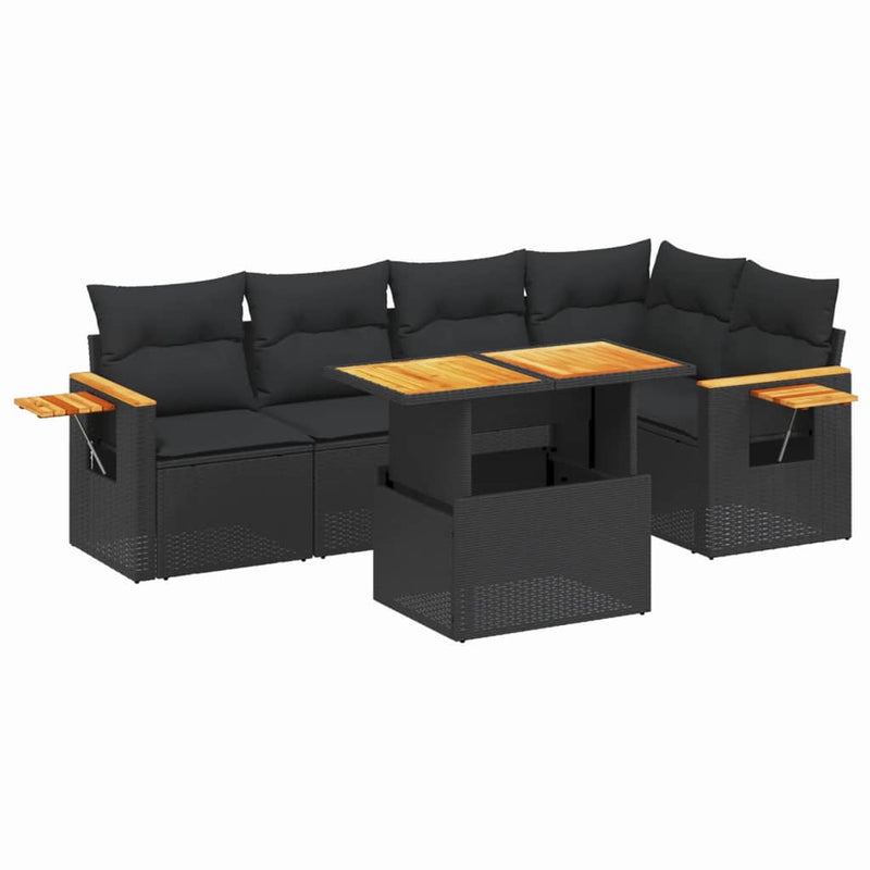 6-delige Loungeset met kussens poly rattan zwart