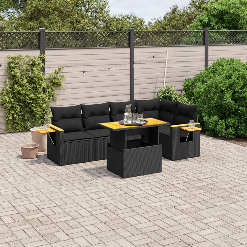 6-delige Loungeset met kussens poly rattan zwart
