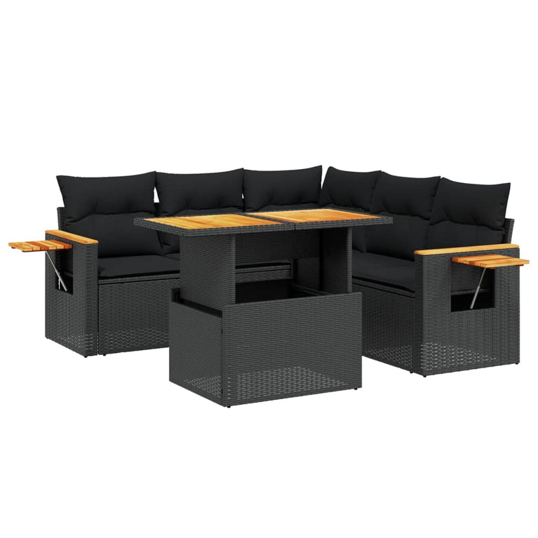 6-delige Loungeset met kussens poly rattan zwart