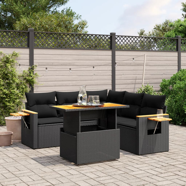6-delige Loungeset met kussens poly rattan zwart