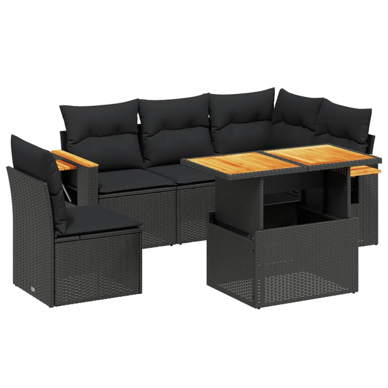6-delige Loungeset met kussens poly rattan zwart