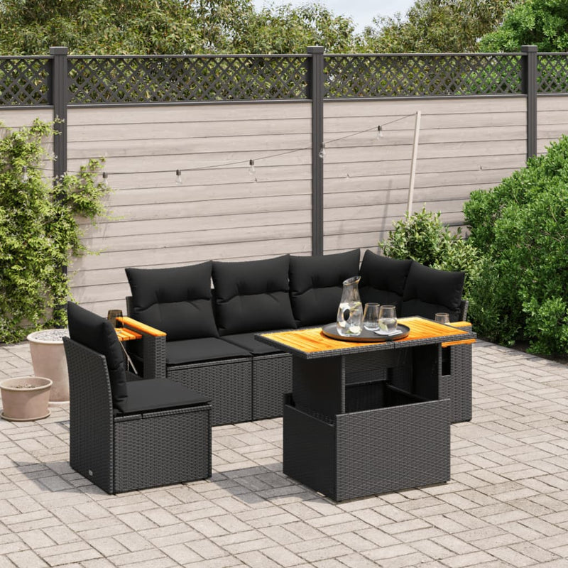6-delige Loungeset met kussens poly rattan zwart