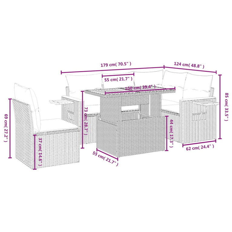 6-delige Loungeset met kussens poly rattan zwart