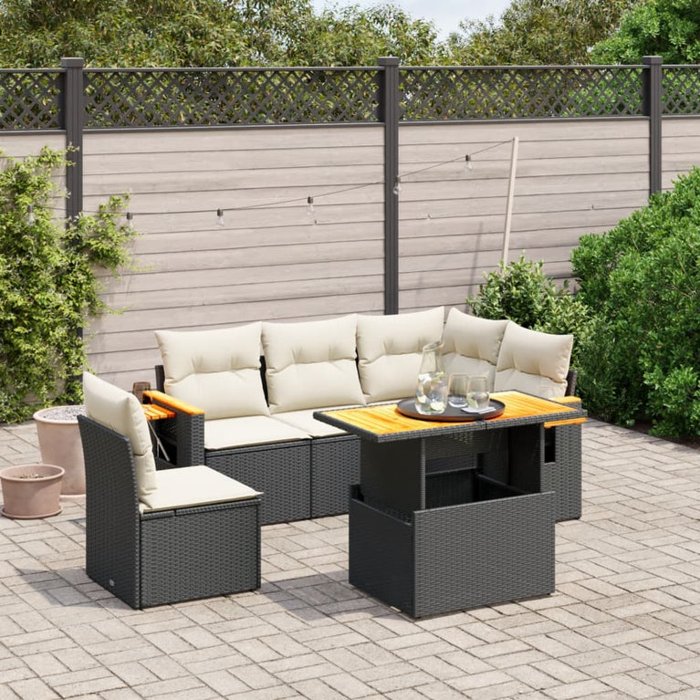 6-delige Loungeset met kussens poly rattan zwart