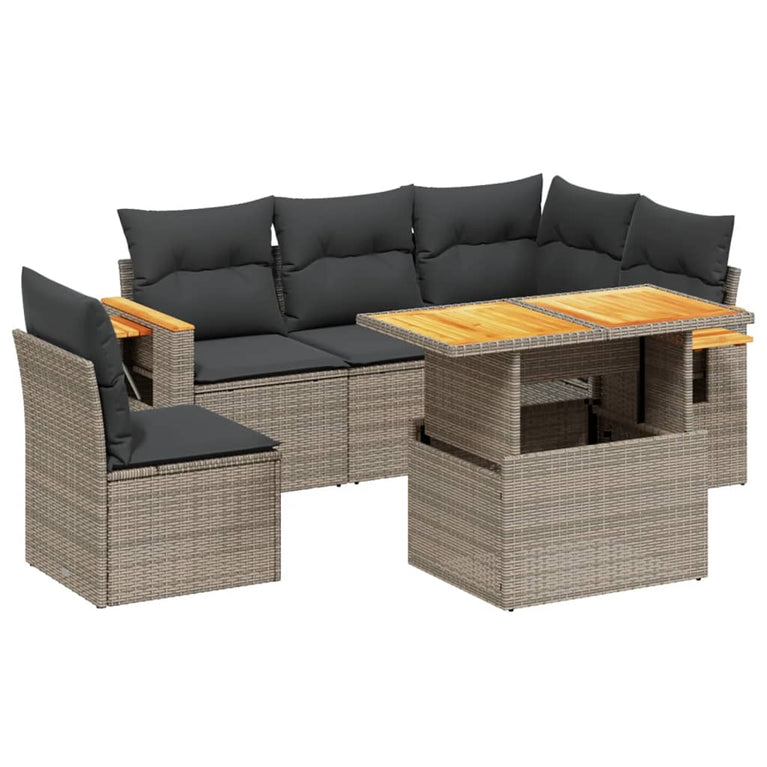 6-delige Loungeset met kussens poly rattan grijs