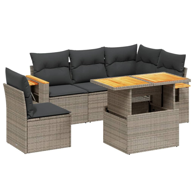 6-delige Loungeset met kussens poly rattan grijs