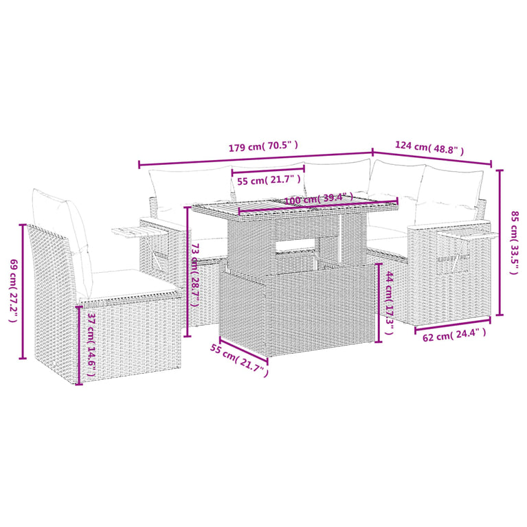 6-delige Loungeset met kussens poly rattan grijs