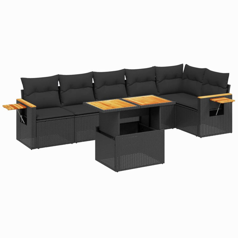 7-delige Loungeset met kussens poly rattan zwart