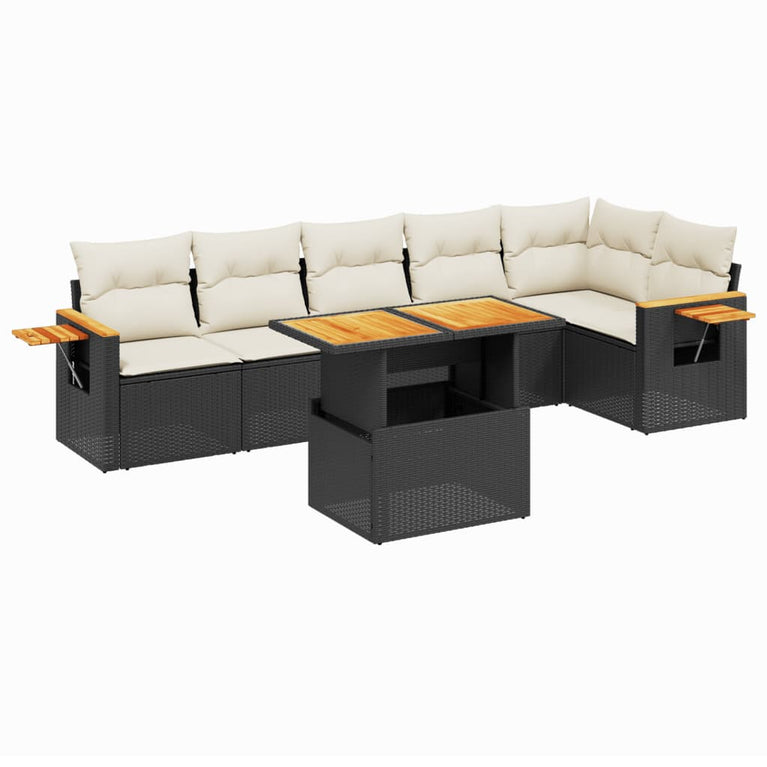 7-delige Loungeset met kussens poly rattan zwart