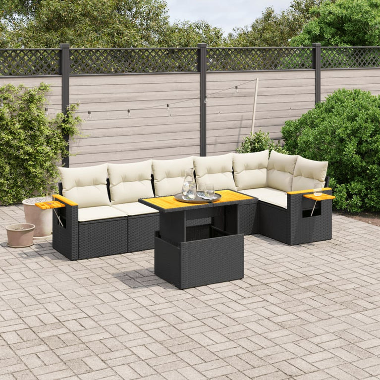 7-delige Loungeset met kussens poly rattan zwart